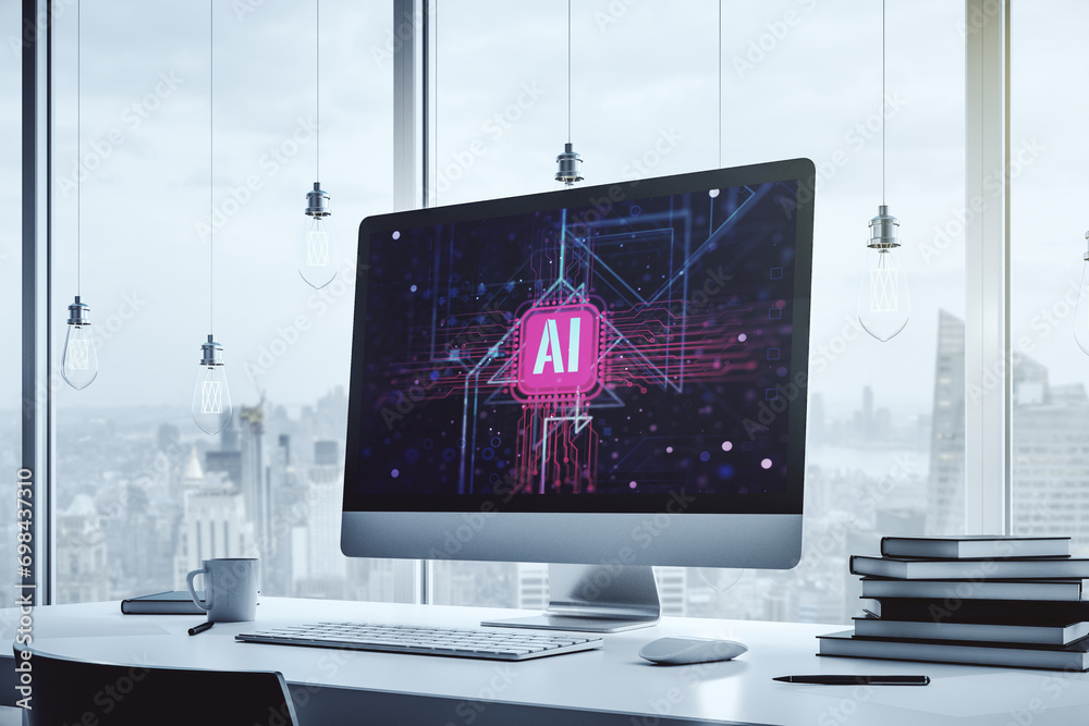 Poster Creative artificial Intelligence symbol concept on modern computer monitor. 3D Rendering