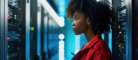 Black female technician in datacenter using IT app and internet for cybersecurity, software, and system upgrade.