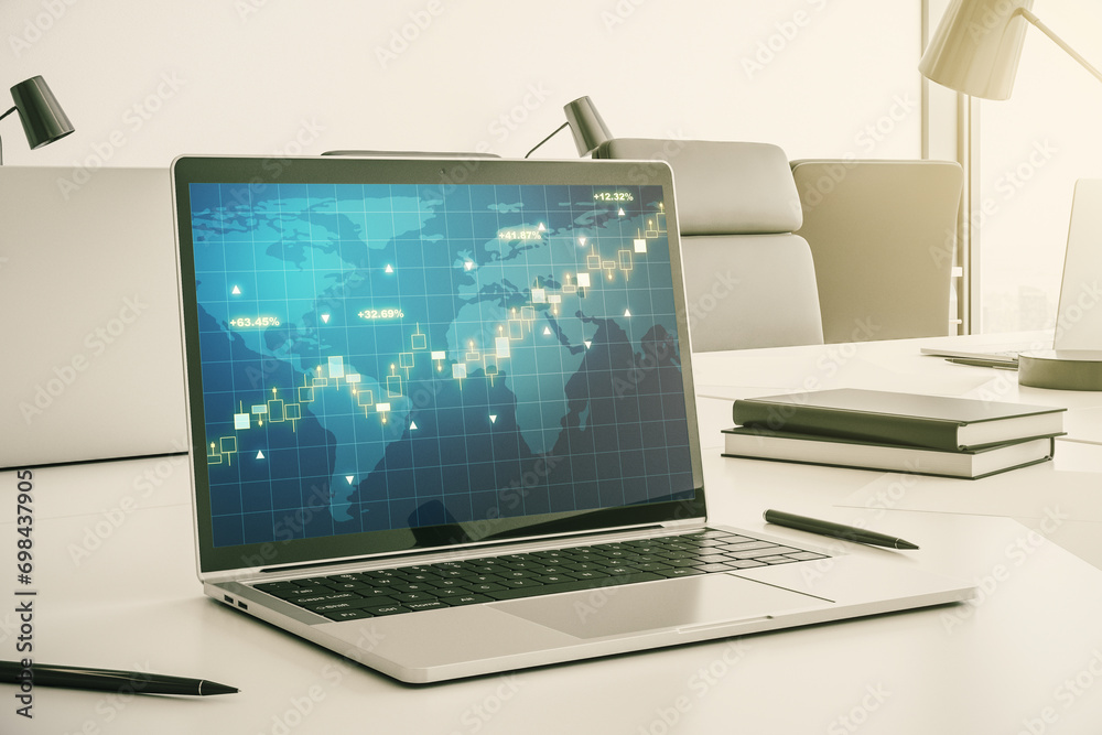 Poster Computer monitor with abstract creative financial graph with world map, financial and trading concept. 3D Rendering