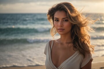 portrait photo of a woman on a beach