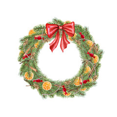 Fototapeta na wymiar Watercolor illustration.Christmas wreath with orange slices.Spruce New Year wreath. Decorative element.
