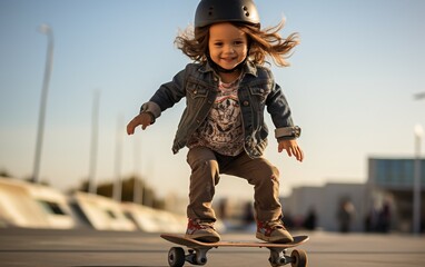 Toddler Girl in Skateboarding Gear at a Skate Park