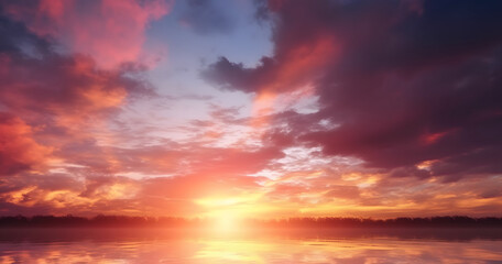 Beautiful sunset over sea with reflection in water, colorful clouds in the sky