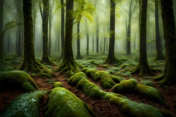 misty forest with moss in the morning