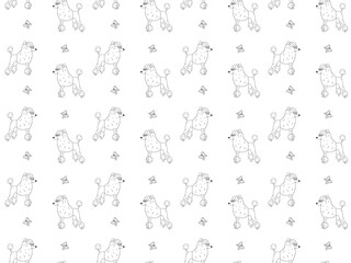 Fototapeta na wymiar Seamless black and white pattern of poodles and butterflies. Pets, dog, a children's cartoon pattern