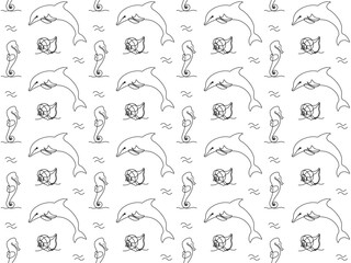 Seamless Black and white doodle marine pattern with one continuous line of art with shells,dolphins and seahorses