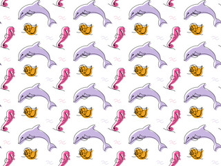Seamless doodle marine pattern with one continuous line of art with shells,dolphins and seahorses