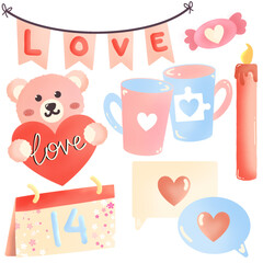 set of valentine sticker pink blue red love heart candy bear calender cup candle