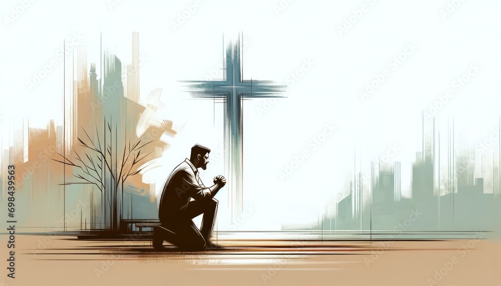 Wall mural illustration of a man praying in front of a cross - Wall murals
