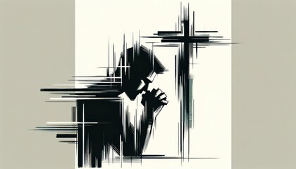 Illustration of a man praying in front of a cross - obrazy, fototapety, plakaty