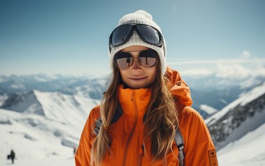 Fototapeta na wymiar Skiing Excitement Young Lady in Winter Adventure Gear