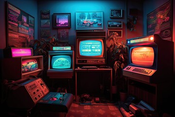Awesome gaming setup 80s Retro gaming concept Vintage retro room entertainment Greatest interior ever - obrazy, fototapety, plakaty