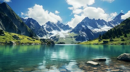 Majestic Alpine Haven: An awe-inspiring scene featuring a natural alpine lake cradled within the Pyrenean mountains. 