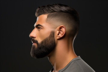 A profile view of a man sporting a trendy fade haircut with a well-groomed beard, epitomizing modern urban masculinity. Male, 34 years old, Middle Eastern ethnicity - Powered by Adobe