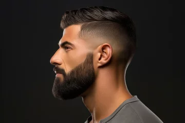 Rolgordijnen A profile view of a man sporting a trendy fade haircut with a well-groomed beard, epitomizing modern urban masculinity. Male, 34 years old, Middle Eastern ethnicity © Hanna Haradzetska
