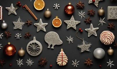 Set of Christmas items on dark background