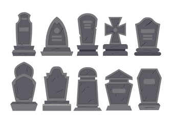 Set of different types of empty tombstone collection, halloween Gravestones set. Old Tomb Collection. Ancient RIP, for Halloween, cemetery or tomb, dead funeral concept, vector illustration,  - obrazy, fototapety, plakaty