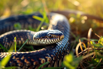 Fototapeta premium A Coastal Taipan slithering through the grasslands of Northern Australia, its sleek body contrasting with the green grass, captured in the warm morning light