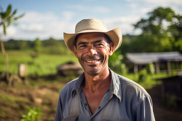 Naklejka na ściany i meble A farmer, male, 47 years old, Hispanic, against the backdrop of his farm, smiling with pride for his land