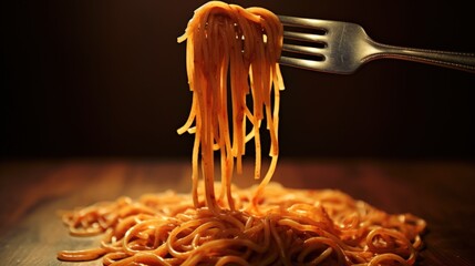 Closeup a fork with hot spaghetti or noodles food isolated on dark background. AI generated image