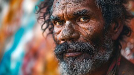 Portrait of a wise aboriginal indigenous man, artwork blurring in the background - obrazy, fototapety, plakaty