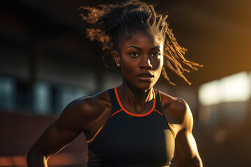 Portrait of a track athlete, female, 22 years old, African, in a running outfit, on the track,...