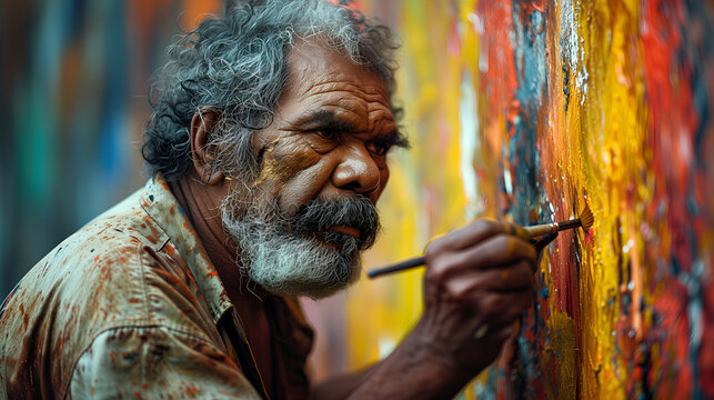 A senior indigenous artist engrossed in creating vibrant traditional artwork