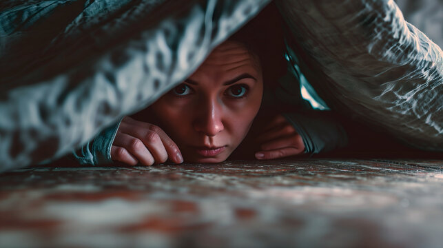 Woman hiding under a bed cover