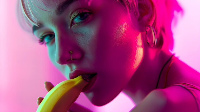 Woman teasingly biting a banana, a mix of sensuality and edginess under pink neon light