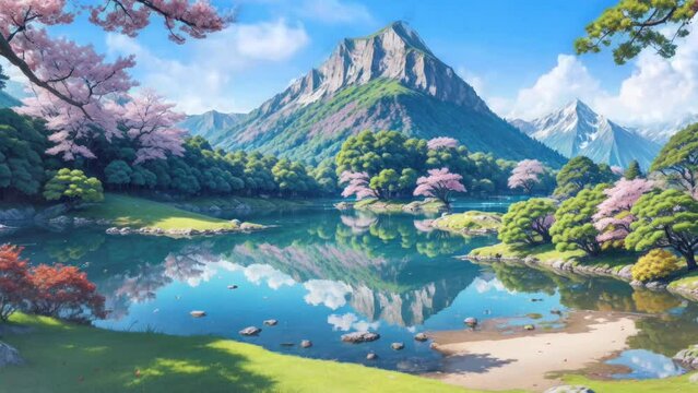 rocky mountain landscape with lake and sakura tree background looping animation illustration