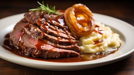 Delicious sliced roast beef with fried onion rings and mashed potatoes, brown sauce on white plate