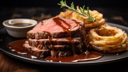 Delicious sliced roast beef with fried onion rings and mashed potatoes, brown sauce on white plate