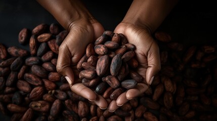 Top view woman’s hands holding brown cocoa beans isolated on dark background. AI generated image - obrazy, fototapety, plakaty