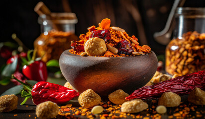 Obraz na płótnie Canvas Spicy Spicy ,and, Sweet ,Snack ,Mix,spicy, food, delicious, crispy, healthy, tasty, mixed, crunchy, vegetarian, background, dry, appetizer, organic, salty, bowl, dinner, lunch, snand Sweet Snack Mix