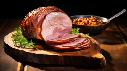 Delicious Homemade of steaming Glazed Easter Spiral Cut Ham on wooden plate isolated dark background - obrazy, fototapety, plakaty