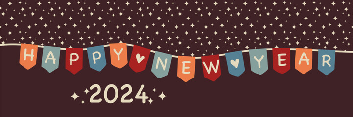 2024 Happy New Year - Schriftzug in englischer Sprache - Frohes neues Jahr. Grußbanner mit bunter Wimpelkette und Sternenhimmel