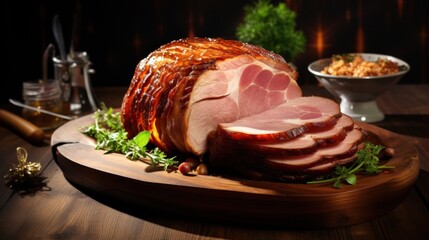 Delicious Homemade of steaming Glazed Easter Spiral Cut Ham on wooden plate isolated dark background