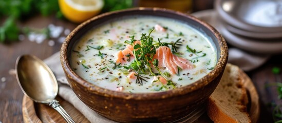 Creamy soup made with fresh salmon and leeks. - obrazy, fototapety, plakaty