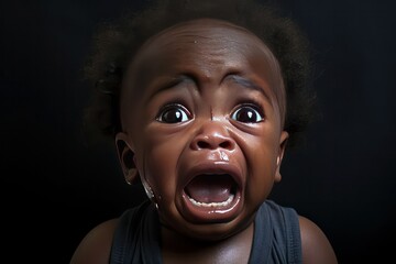 Portrait of upset little african american baby boy crying on black background. Children Protection Day