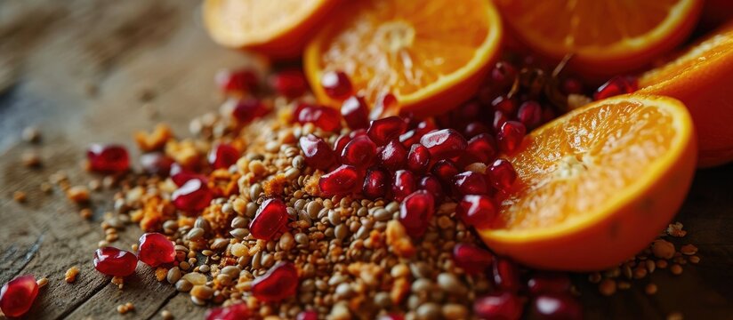 Buckwheat, orange and pomegranate seeds mix for a salad.