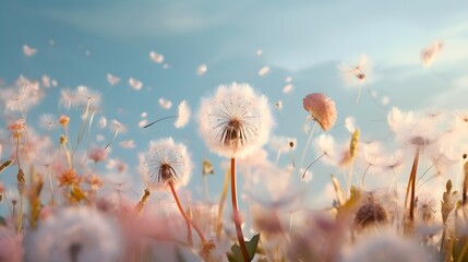 Whimsical Dandelions and Flowers Against a Blue Sky