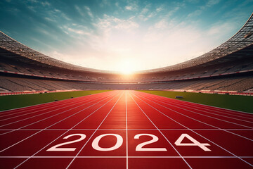 2024 written on red running tracks in stadium, Evening scene, Happy new year 2024, Start up, Future vision and Goal concept - obrazy, fototapety, plakaty