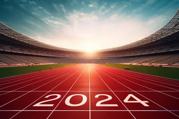 Fotobehang 2024 written on red running tracks in stadium, Evening scene, Happy new year 2024, Start up, Future vision and Goal concept © grapestock