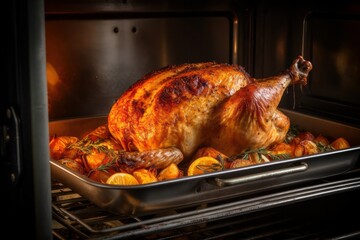 Ready golden roasted whole turkey in the oven, Thanksgiving food preparation