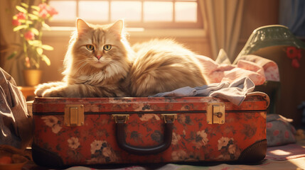 Warm sunny luxury interior, table, clothes, a cute cat smiling in front, cat paws on an open...