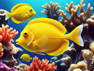 Naklejka na ściany i meble Yellow tang fish Underwater scene with coral reef