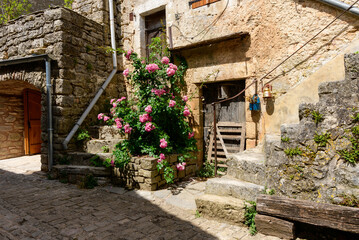 The streets of the medieval village in Europe, France, Occitanie, Aveyron, La Couvertoirade, in summer, on a sunny day.