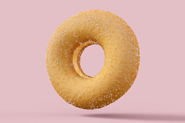 Chocolate glazed donut with sugar on a pink background - obrazy, fototapety, plakaty