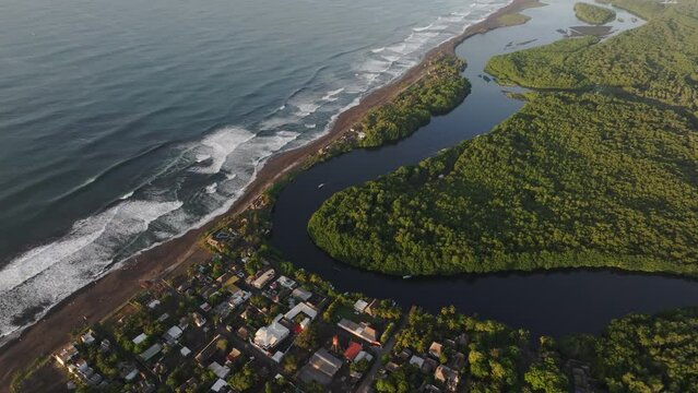 Aerial view of mangroves in el paredon surfing village in Guatemala