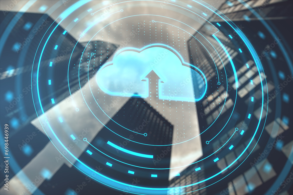 Poster creative digital round cloud computing interface on blurry city buildings and sky background. online